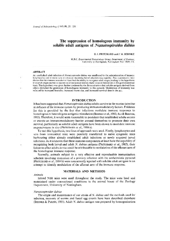 The suppression of homologous immunity by soluble adult antigens of Nematospiroides dubius Thumbnail