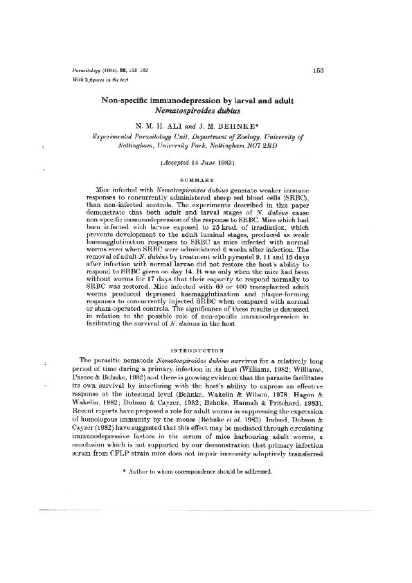 Non-specific immunodepression by larval and adult Nematospiroides dubius Thumbnail