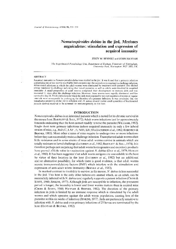 Nematospiroides dubius  in the jird, Meriones unguiculatus: stimulation and expression of acquired immunity Thumbnail