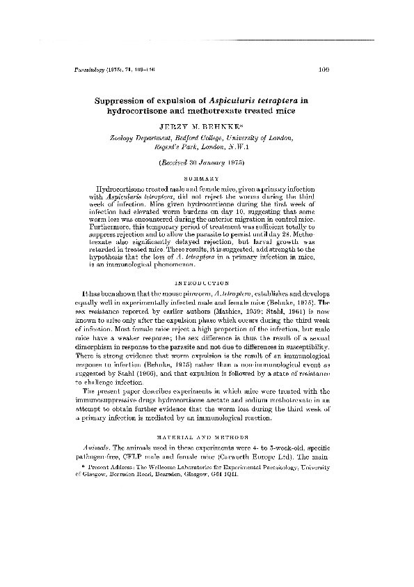 Suppression of expulsion of Aspiculuris tetraptera in hydrocortisone and methotrexate treated mice Thumbnail