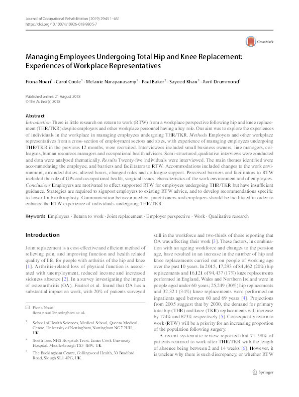 Managing employees undergoing total hip and knee replacement: experiences of workplace representatives Thumbnail