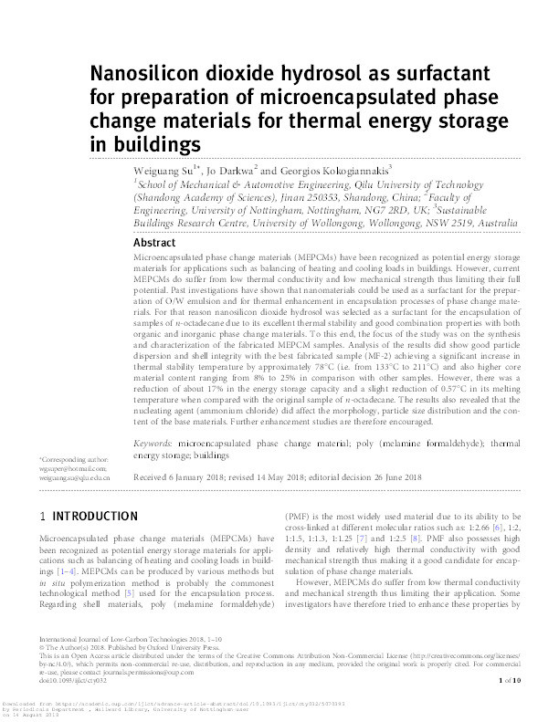 Nano-silicon dioxide hydrosol as surfactant for preparation of microencapsulated phase change materials for thermal energy storage in buildings Thumbnail