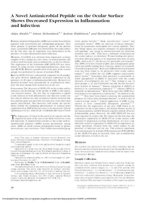 A novel antimicrobial peptide on the ocular surface shows decreased expression in inflammation and infection Thumbnail