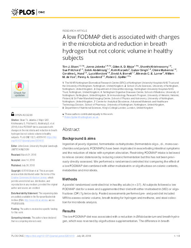 A low FODMAP diet is associated with changes in the microbiota and reduction in breath hydrogen but not colonic volume in healthy subjects Thumbnail