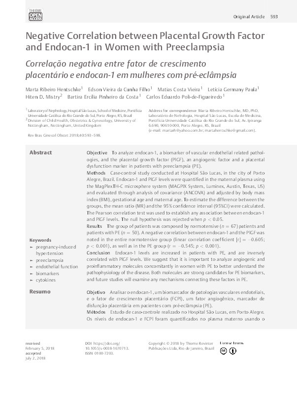 Negative correlation between Placental Growth Factor and Endocan-1 in women with preeclampsia Thumbnail