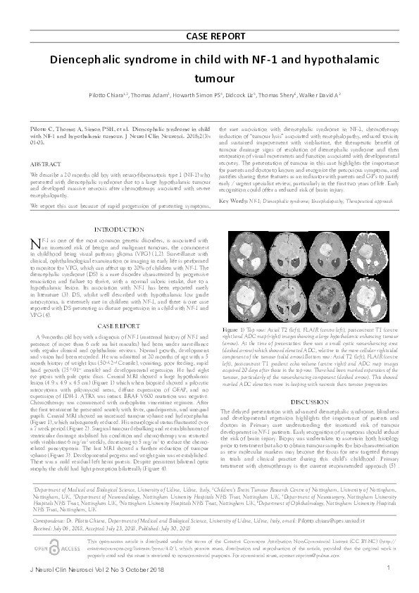 Diencephalic syndrome in child with NF-1 and hypothalamic tumour Thumbnail