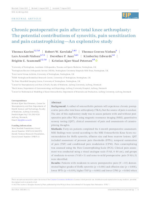 Chronic postoperative pain after total knee arthroplasty: The potential contributions of synovitis, pain sensitization and pain catastrophizing—An explorative study Thumbnail