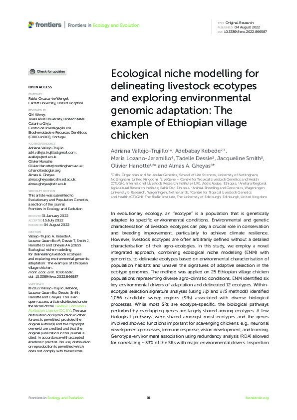 Ecological niche modelling for delineating livestock ecotypes and exploring environmental genomic adaptation: The example of Ethiopian village chicken Thumbnail