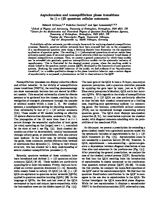 Asynchronism and nonequilibrium phase transitions in (1+1) -dimensional quantum cellular automata Thumbnail