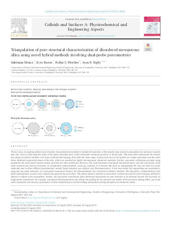 Triangulation of pore structural characterisation of disordered mesoporous silica using novel hybrid methods involving dual-probe porosimetries Thumbnail