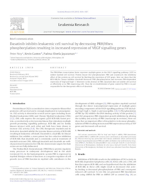 Dasatinib inhibits leukaemic cell survival by decreasing PRH/Hhex phosphorylation resulting in increased repression of VEGF signalling genes Thumbnail