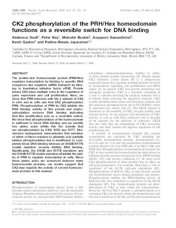 CK2 phosphorylation of the PRH/Hex homeodomain functions as a reversible switch for DNA binding Thumbnail