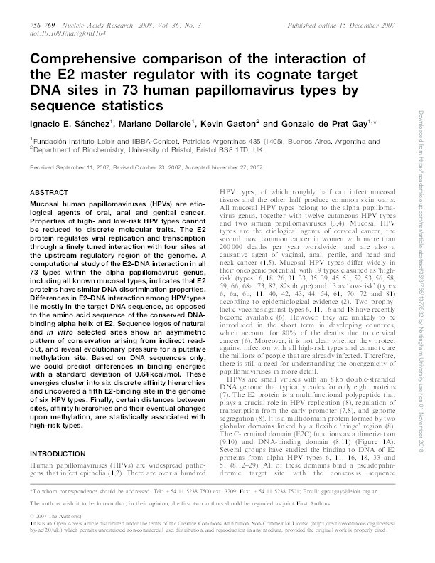 Comprehensive comparison of the interaction of the E2 master regulator with its cognate target DNA sites in 73 human papillomavirus types by sequence statistics Thumbnail