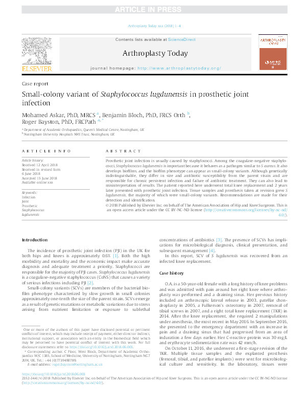 Small-colony variant of  Staphylococcus lugdunensis  in prosthetic joint infection Thumbnail