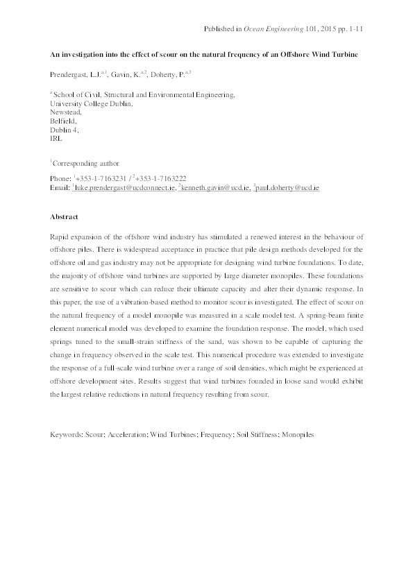 An investigation into the effect of scour on the natural frequency of an offshore wind turbine Thumbnail