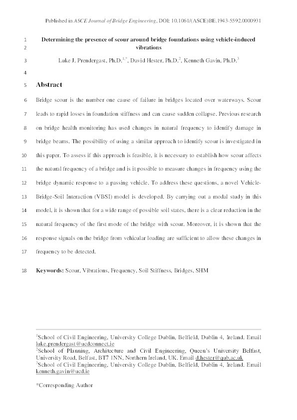 Determining the presence of scour around bridge foundations using vehicle-induced vibrations Thumbnail