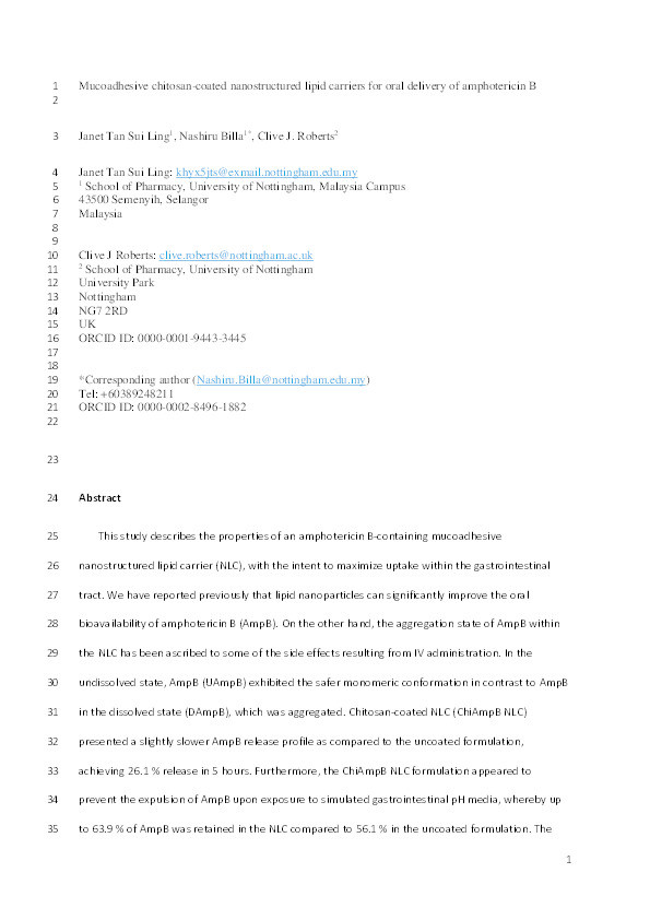 Mucoadhesive chitosan-coated nanostructured lipid carriers for oral delivery of amphotericin B Thumbnail