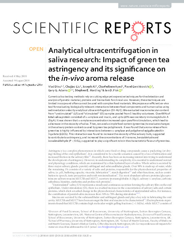 Analytical ultracentrifugation in saliva research: Impact of green tea astringency and its significance on the in-vivo aroma release Thumbnail
