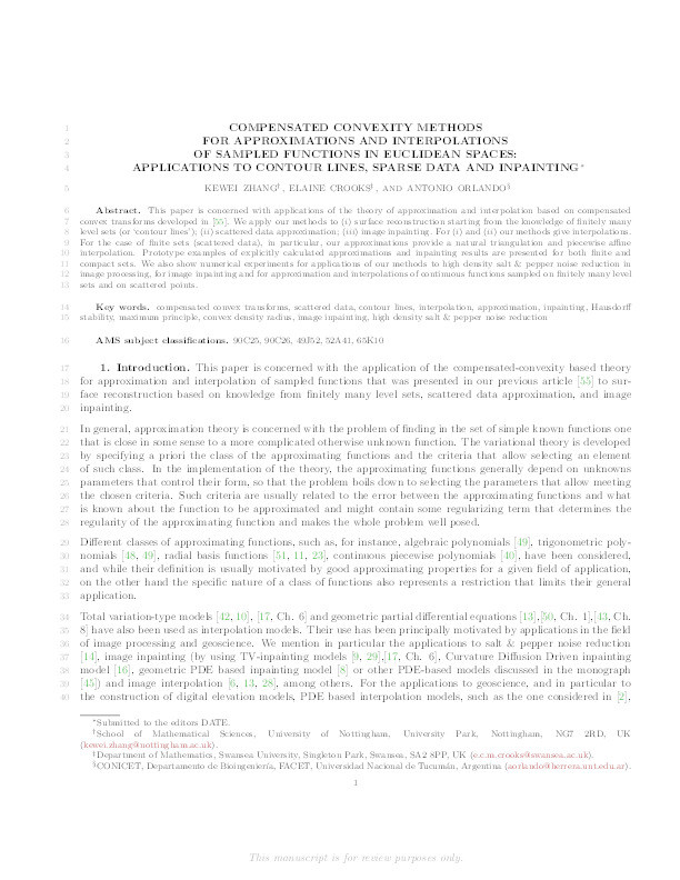 Compensated convexity methods for approximations and interpolations of sampled functions in Euclidean spaces: applications to contour lines, sparse data and inpainting Thumbnail