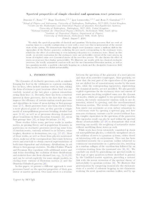 Spectral properties of simple classical and quantum reset processes Thumbnail