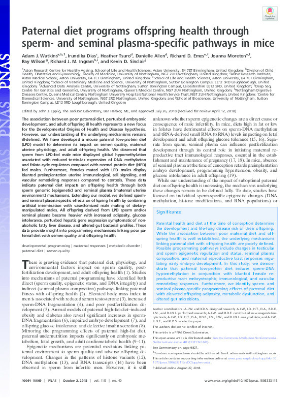 Paternal diet programs offspring health through sperm- and seminal plasma-specific pathways in mice Thumbnail