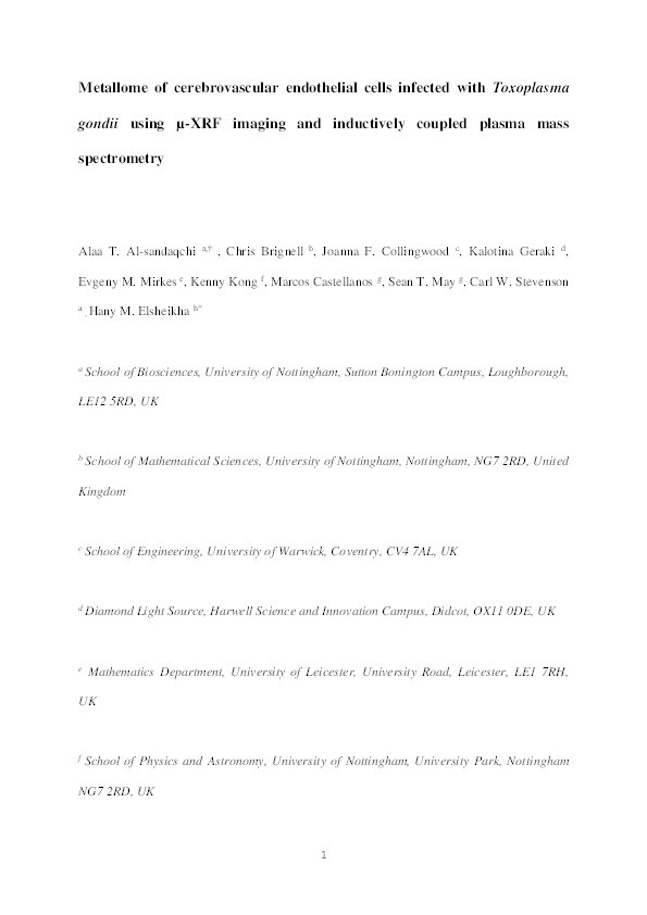 Metallome of cerebrovascular endothelial cells infected with Toxoplasma gondii using μ-XRF imaging and inductively coupled plasma mass spectrometry Thumbnail