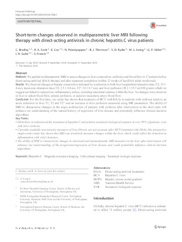 Short-term changes observed in multi-parametric liver MRI following therapy with direct acting antivirals in chronic hepatitis C virus patients Thumbnail