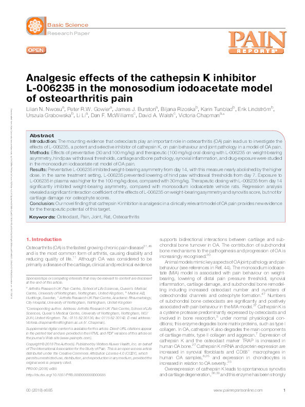 Analgesic effects of the cathepsin K inhibitor L-006235 in the monosodium iodoacetate model of osteoarthritis pain Thumbnail