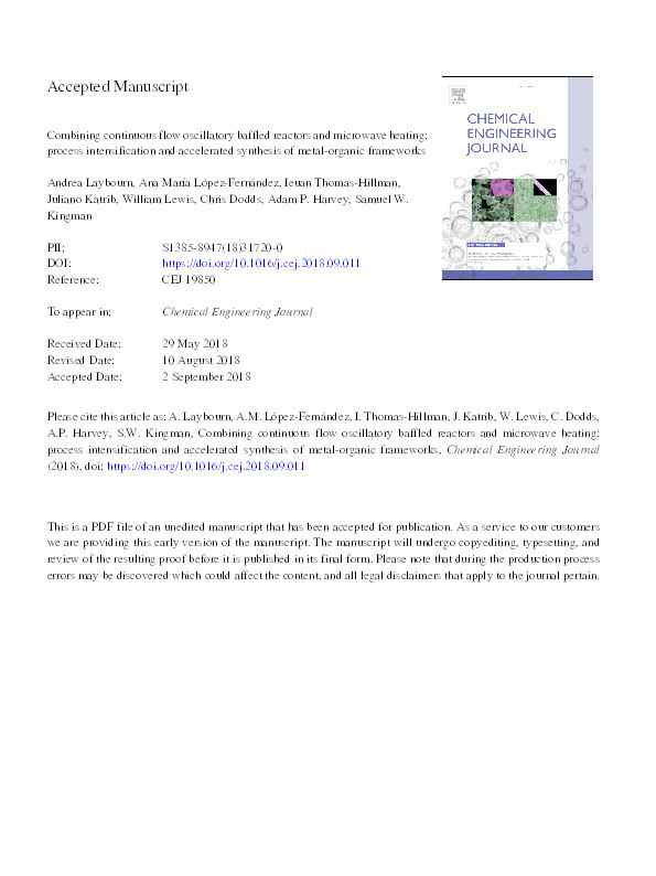 Combining continuous flow oscillatory baffled reactors and microwave heating: Process intensification and accelerated synthesis of metal-organic frameworks Thumbnail