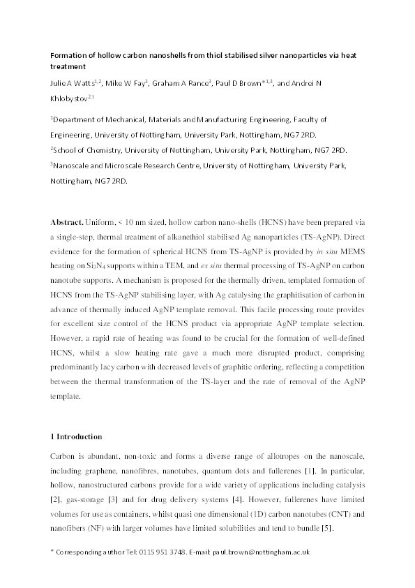 Formation of hollow carbon nanoshells from thiol stabilised silver nanoparticles via heat treatment Thumbnail