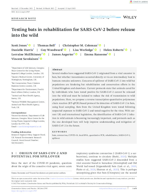 Testing bats in rehabilitation for SARS-CoV-2 before release into the wild Thumbnail