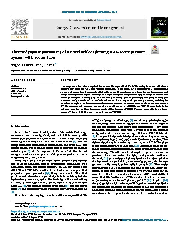 Thermodynamic assessment of a novel self-condensing sCO2 recompression system with vortex tube Thumbnail