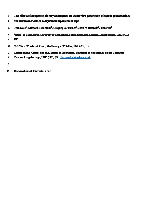 The effects of exogenous fibrolytic enzymes on the in vitro generation of xylooligosaccharides and monosaccharides is dependent upon cereal type Thumbnail