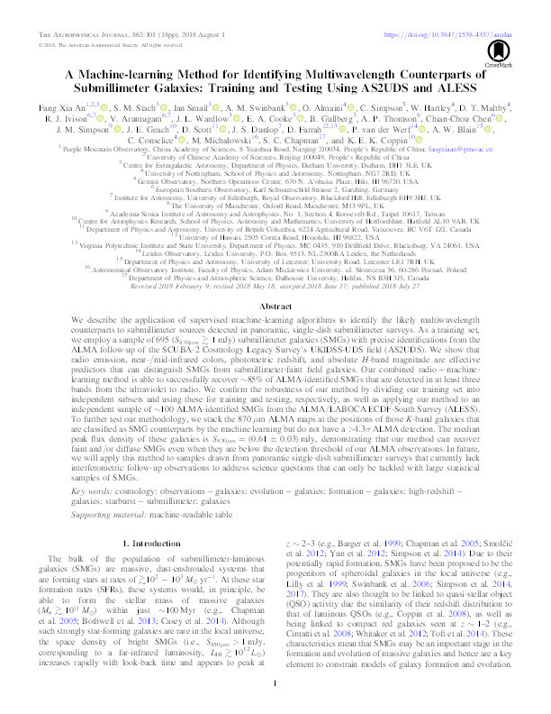 A machine-learning method for identifying multiwavelength counterparts of submillimeter galaxies: training and testing using AS2UDS and ALESS Thumbnail