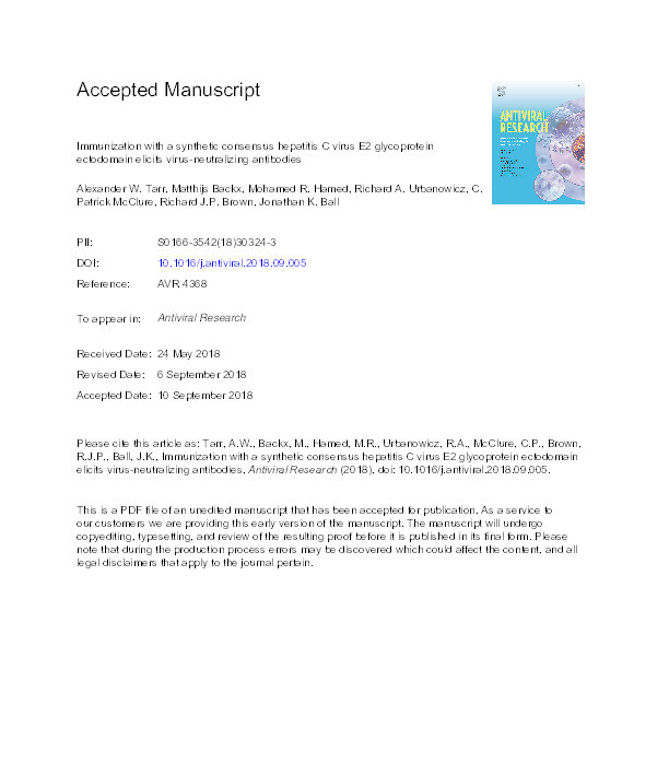 Immunization with a synthetic consensus hepatitis C virus E2 glycoprotein ectodomain elicits virus-neutralizing antibodies Thumbnail