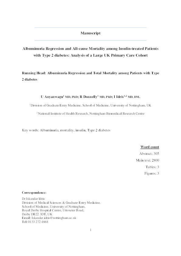 Albuminuria regression and all-cause mortality among insulin-treated patients with Type 2 diabetes: analysis of a large UK Primary Care cohort Thumbnail