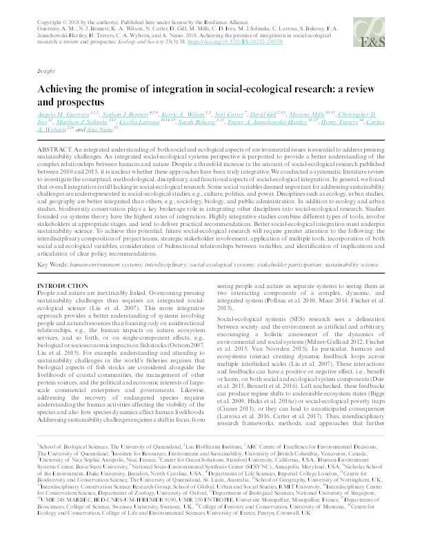 Achieving the promise of integration in social-ecological research: a review and prospectus Thumbnail