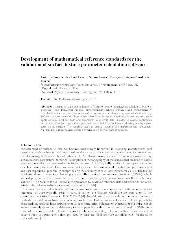 Development of mathematical reference standards for the validation of surface texture parameter calculation software Thumbnail