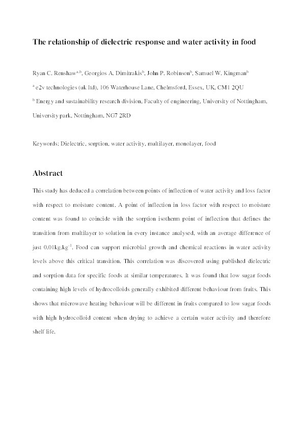 The relationship of dielectric response and water activity in food Thumbnail