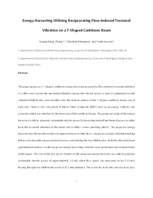 Energy harvesting utilizing reciprocating flow-induced torsional vibration on a T-shaped cantilever beam Thumbnail
