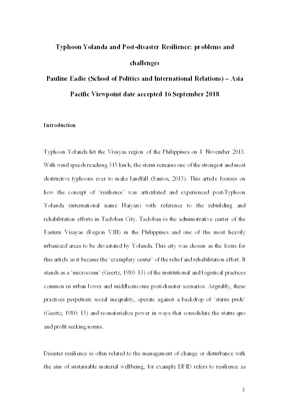 Typhoon Yolanda and post-disaster resilience: problems and challenges Thumbnail