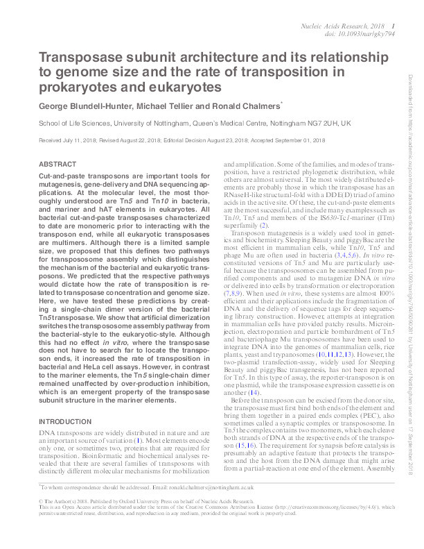 Transposase subunit architecture and its relationship to genome size and the rate of transposition in prokaryotes and eukaryotes Thumbnail