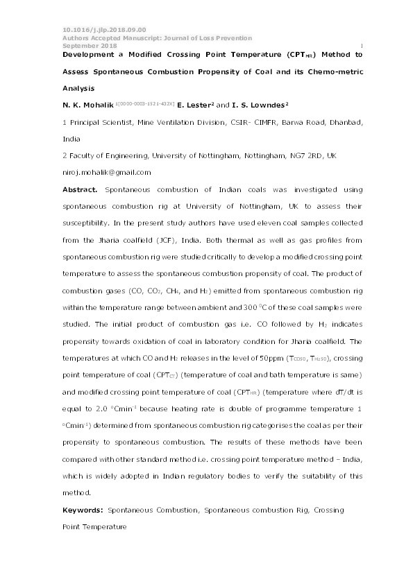 Development a modified crossing point temperature (CPTHR) method to assess spontaneous combustion propensity of coal and its chemo-metric analysis Thumbnail