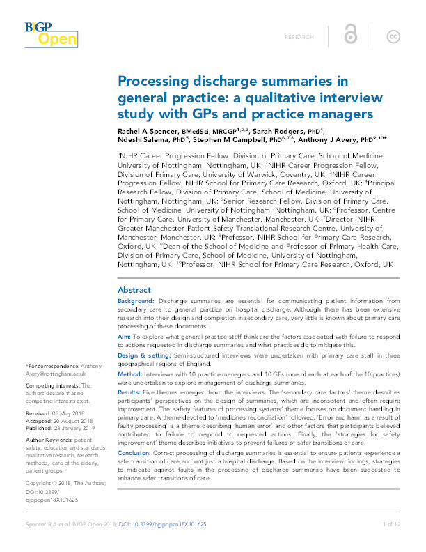 Processing discharge summaries in general practice: a qualitative interview study with GPs and practice managers Thumbnail