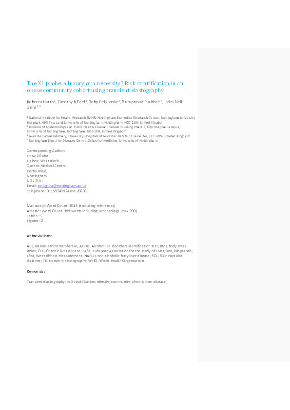 The XL probe: a luxury or a necessity? risk stratification in an obese community cohort using transient elastography Thumbnail
