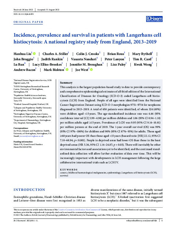 Incidence, prevalence and survival in patients with Langerhans cell histiocytosis: A national registry study from England, 2013–2019 Thumbnail