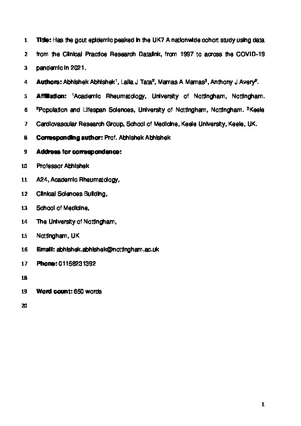 Has the gout epidemic peaked in the UK? A nationwide cohort study using data from the Clinical Practice Research Datalink, from 1997 to across the COVID-19 pandemic in 2021 Thumbnail