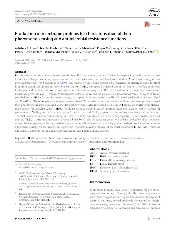 Production of membrane proteins for characterisation of their pheromone-sensing and antimicrobial resistance functions Thumbnail