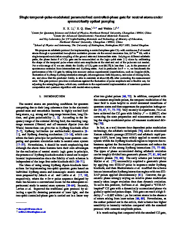 Single Temporal-Pulse-Modulated Parameterized Controlled-Phase Gate for Rydberg Atoms Thumbnail