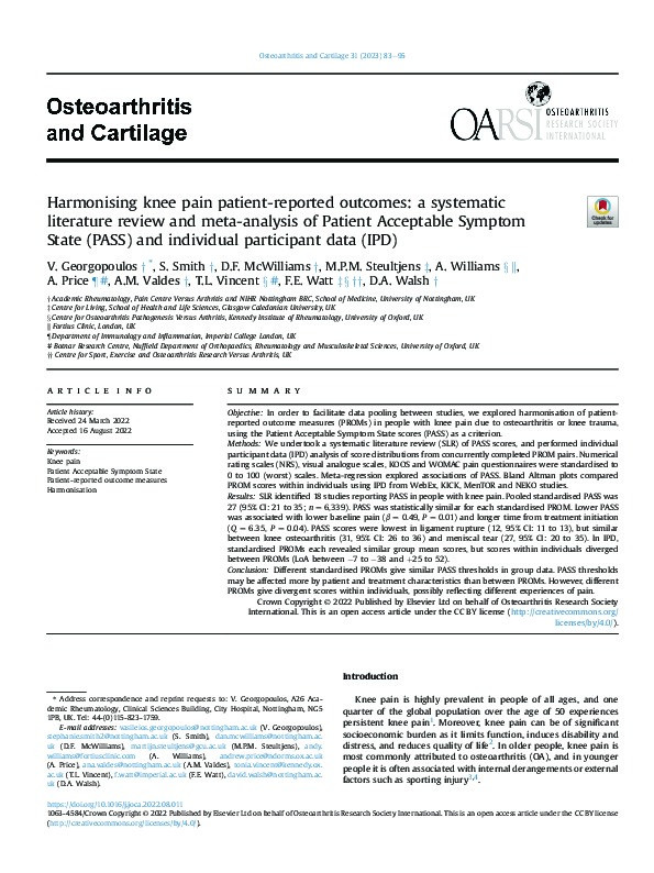 Harmonising knee pain patient-reported outcomes: a systematic literature review and meta-analysis of Patient Acceptable Symptom State (PASS) and individual participant data (IPD) Thumbnail